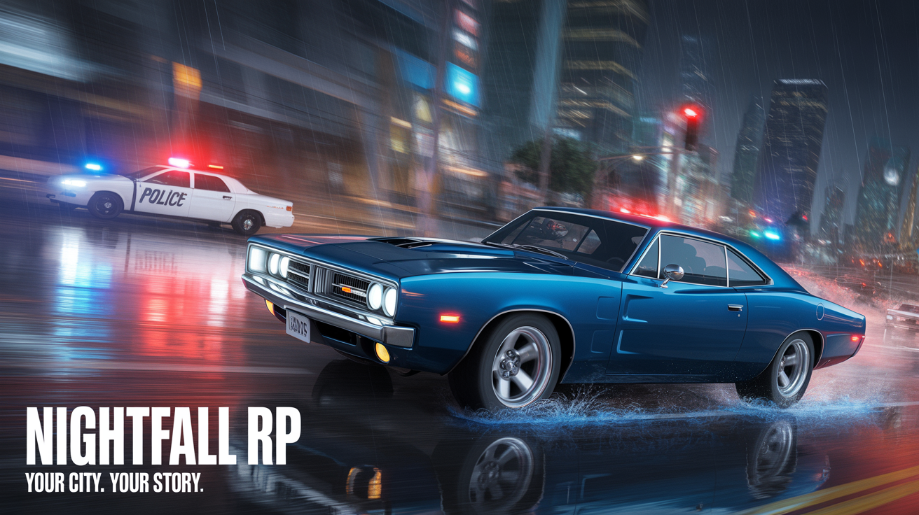A photorealistic FiveM loading screen depicting a blue muscle car drifting through a rainy city at night during a police chase, with the text 'NIGHTFALL RP' and 'YOUR CITY. YOUR STORY.' visible.