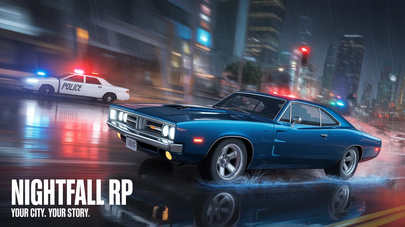 A photorealistic FiveM loading screen depicting a blue muscle car drifting through a rainy city at night during a police chase, with the text 'NIGHTFALL RP' and 'YOUR CITY. YOUR STORY.' visible.