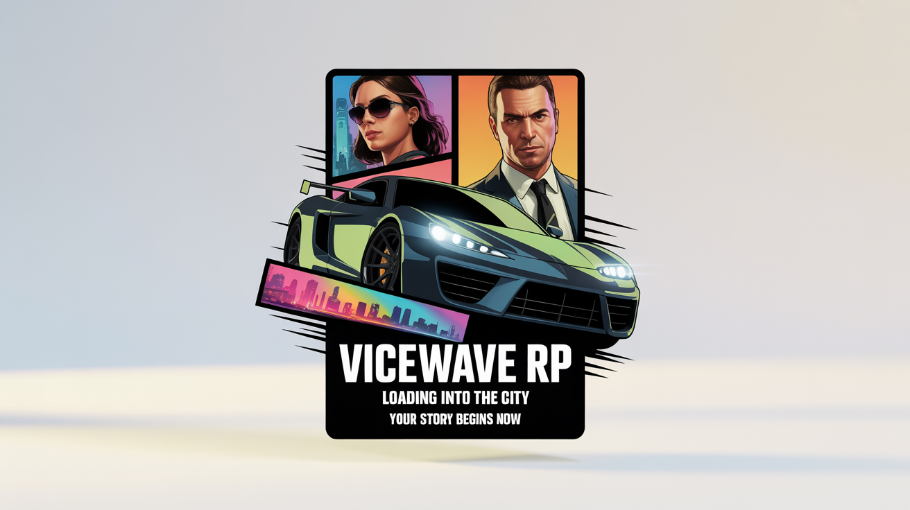 A mockup of a GTA V-style FiveM loading screen for a roleplay server, featuring a collage广告 of a sports car and characters against a city backdrop. The text 'VICEWAVE RP' and 'LOADING INTO THE CITY' is clearly visible. The entire graphic is on a white background.