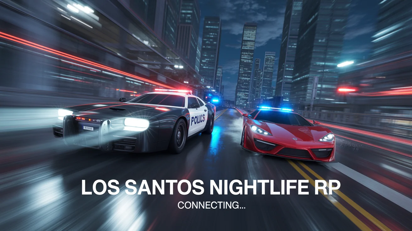 A mockup of a FiveM loading screen featuring a dramatic nighttime police chase in a neon-lit city. A police car with flashing lights pursues a red sports car on wet streets.