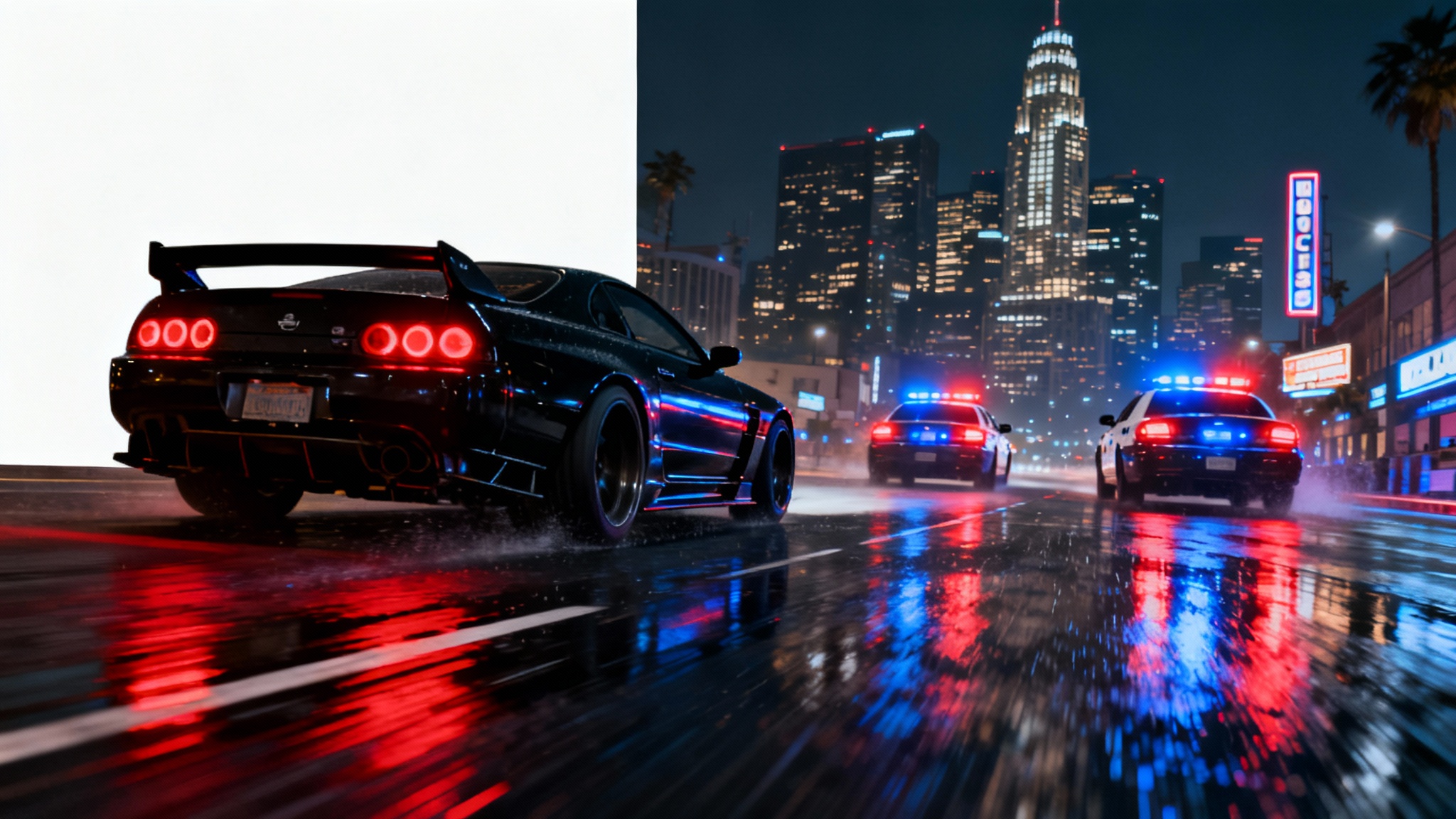 A cinematic loading screen for a FiveM server, showing a black supercar in a high-speed police chase at night through a neon-lit, rainy city.