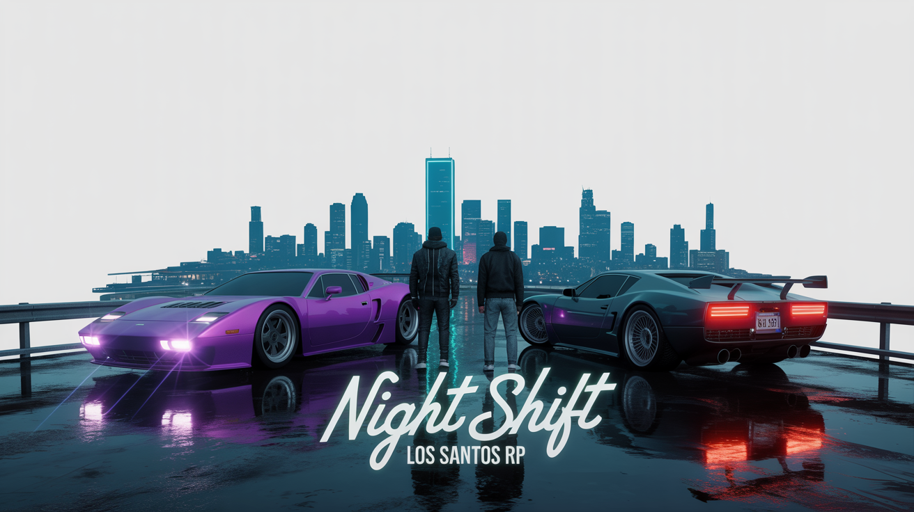 A mockup of a FiveM loading screen featuring two sports cars on a wet city street at night, with neon text reading 'NIGHT SHIFT' and 'LOS SANTOS RP'.