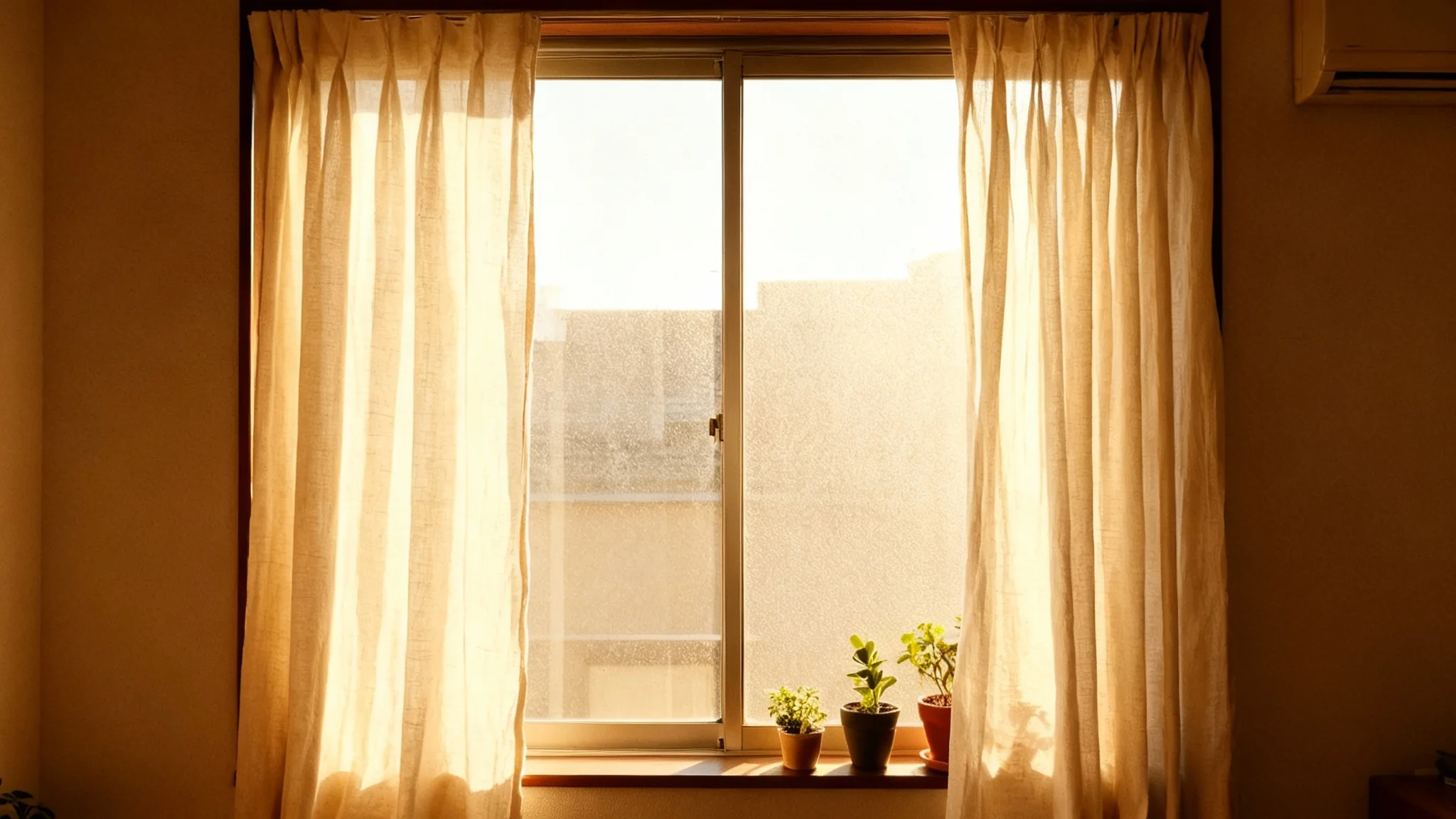 A professionally designed living room showing the final result of a window treatment tool, with elegant, cohesive cream-colored drapes beautifully framing a large, sunlit window.