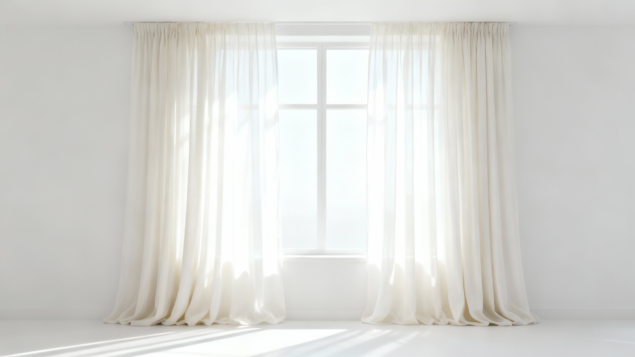 Elegant, floor-length sheer white curtains on a large window, shown against a clean white background, with soft sunlight filtering through.