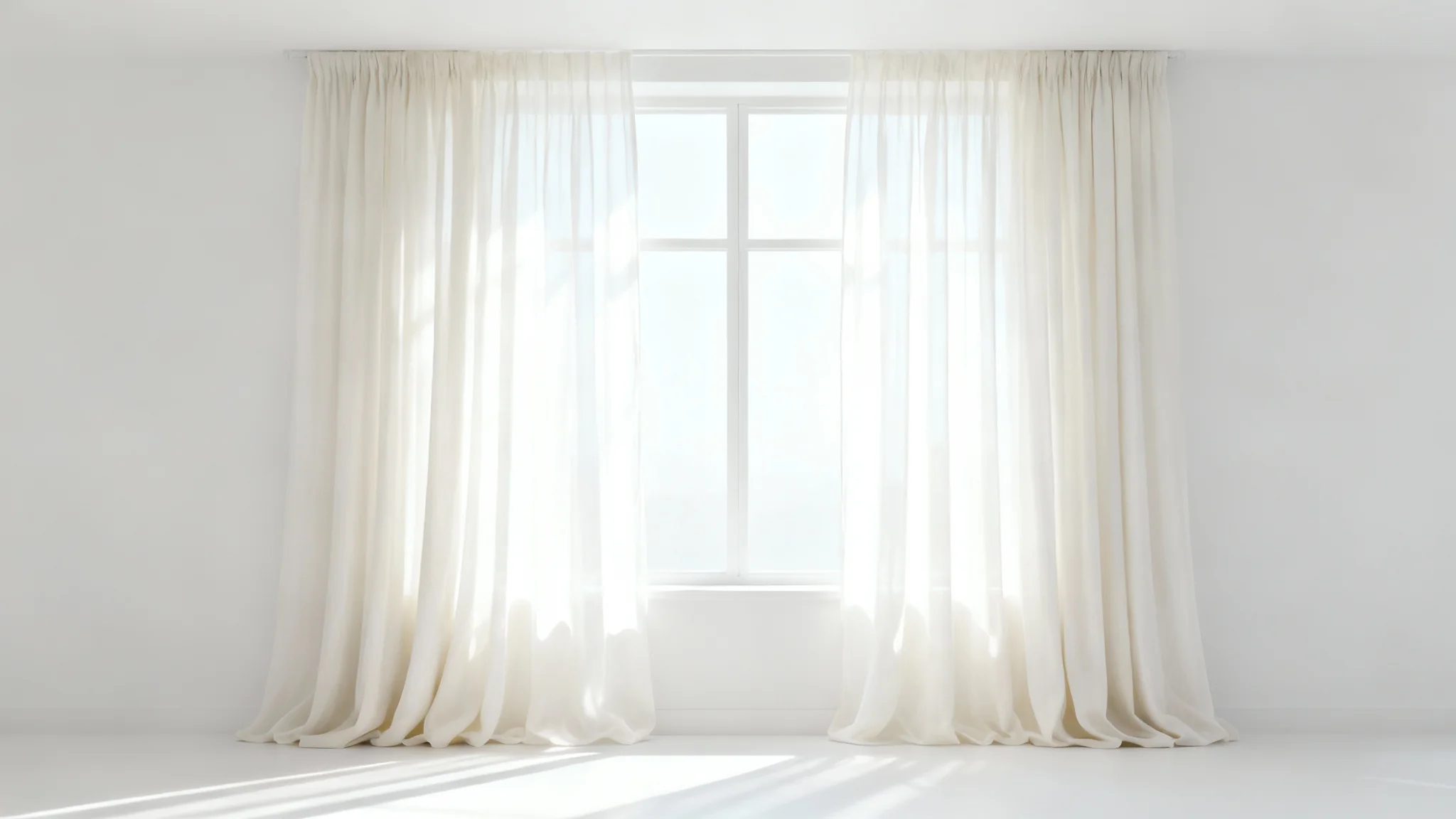 Elegant, floor-length sheer white curtains on a large window, shown against a clean white background, with soft sunlight filtering through.