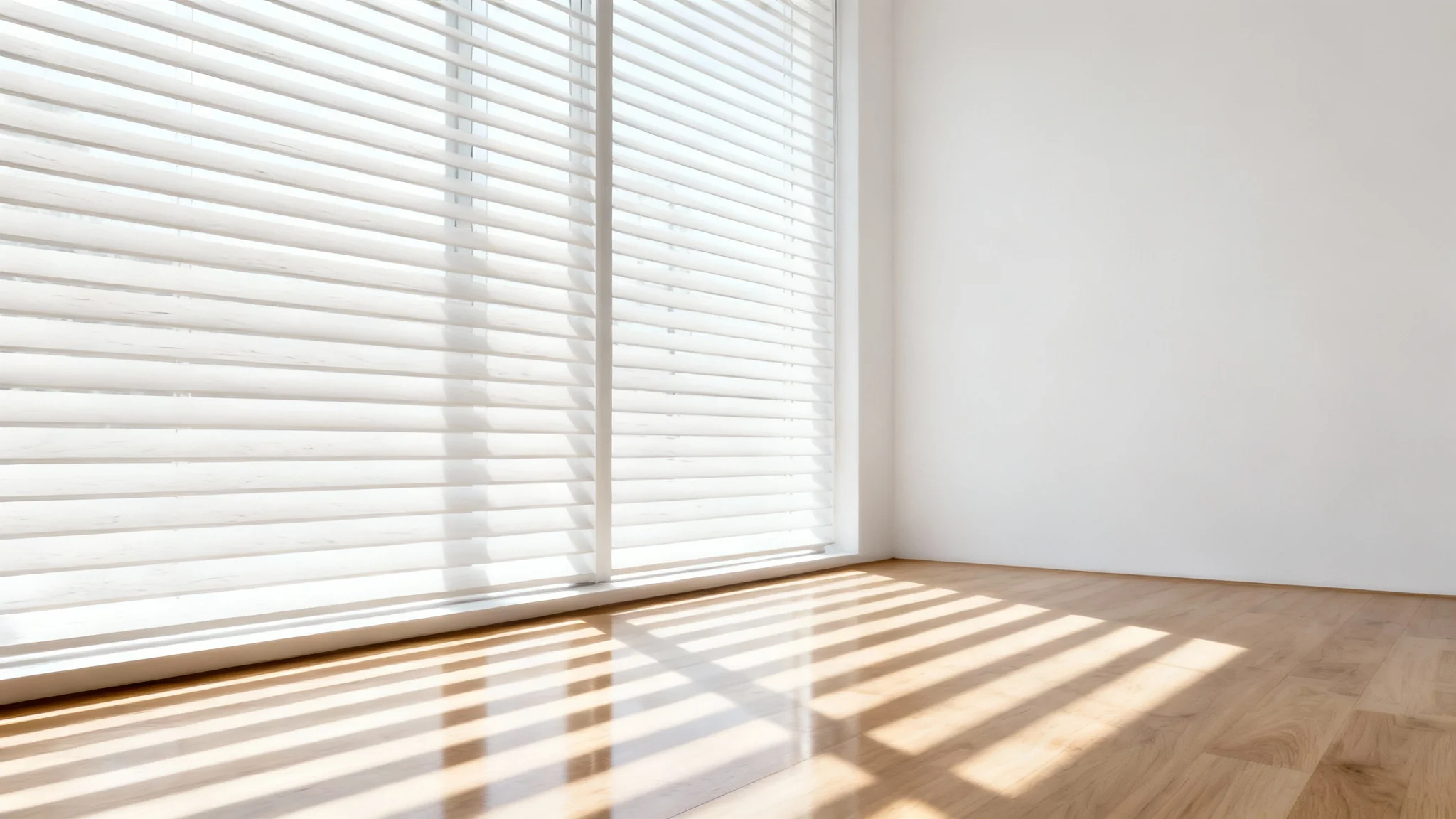 Elegant white wooden blinds on a large window, casting long shadows from the afternoon sun onto a wooden floor in a minimalist room.