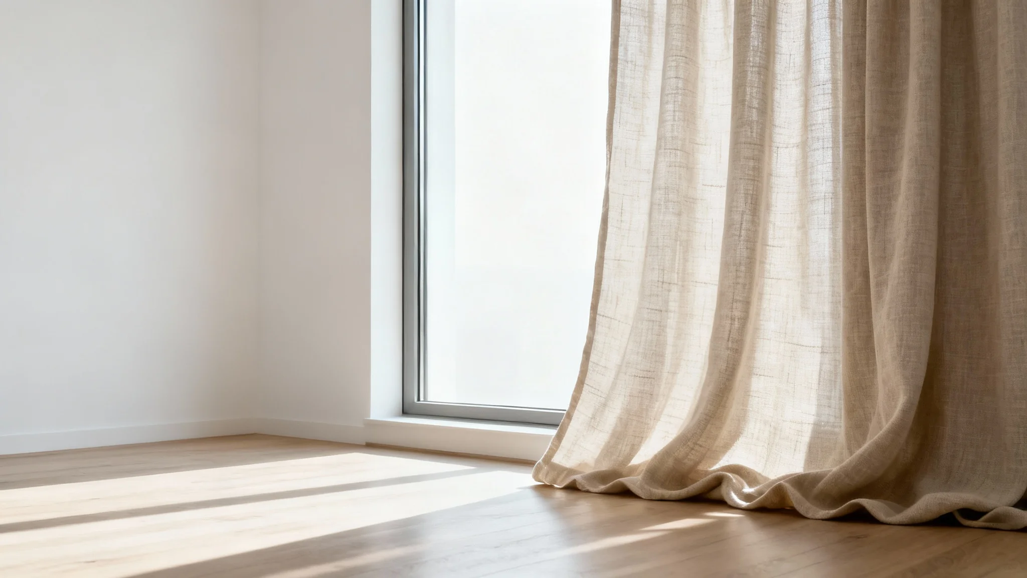 A minimalist room with a large window adorned with elegant beige linen drapes, with soft sunlight streaming through, creating a peaceful and sophisticated ambiance.
