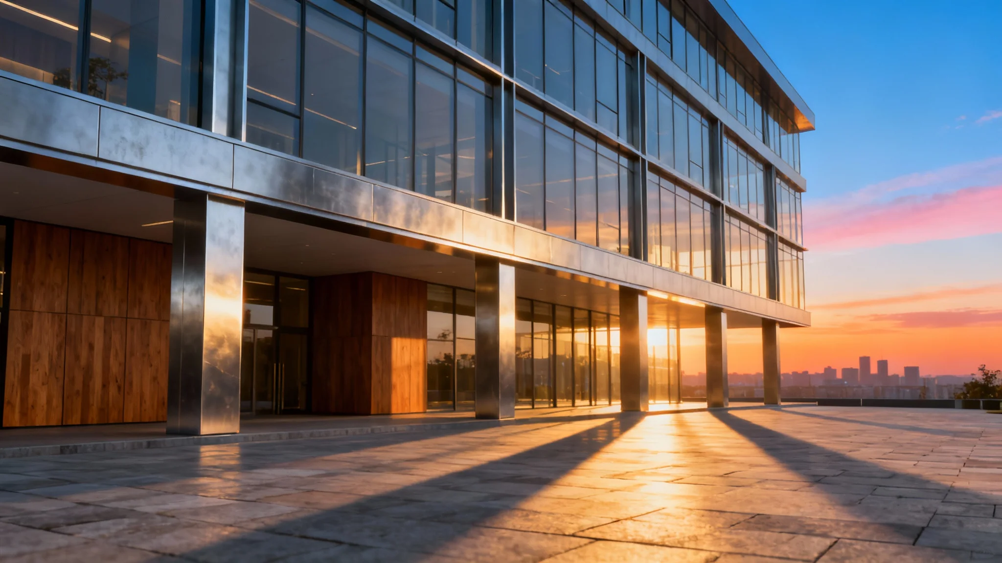 A photorealistic rendering of a modern architectural building at sunset, featuring glass walls and wood accents, viewed from a low angle.