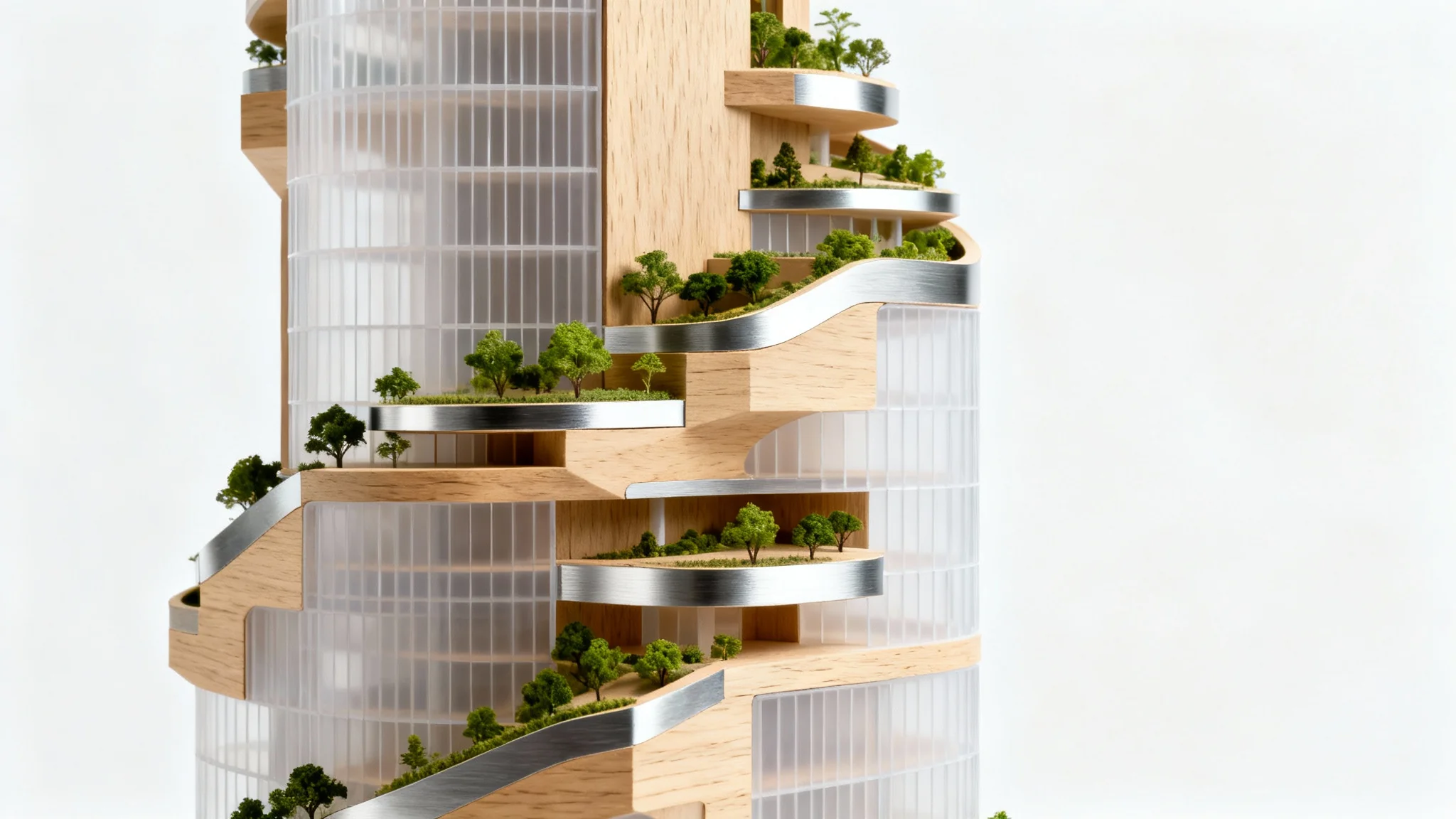 A detailed architectural model of a modern, curved skyscraper made of wood and acrylic, set against a plain white background.