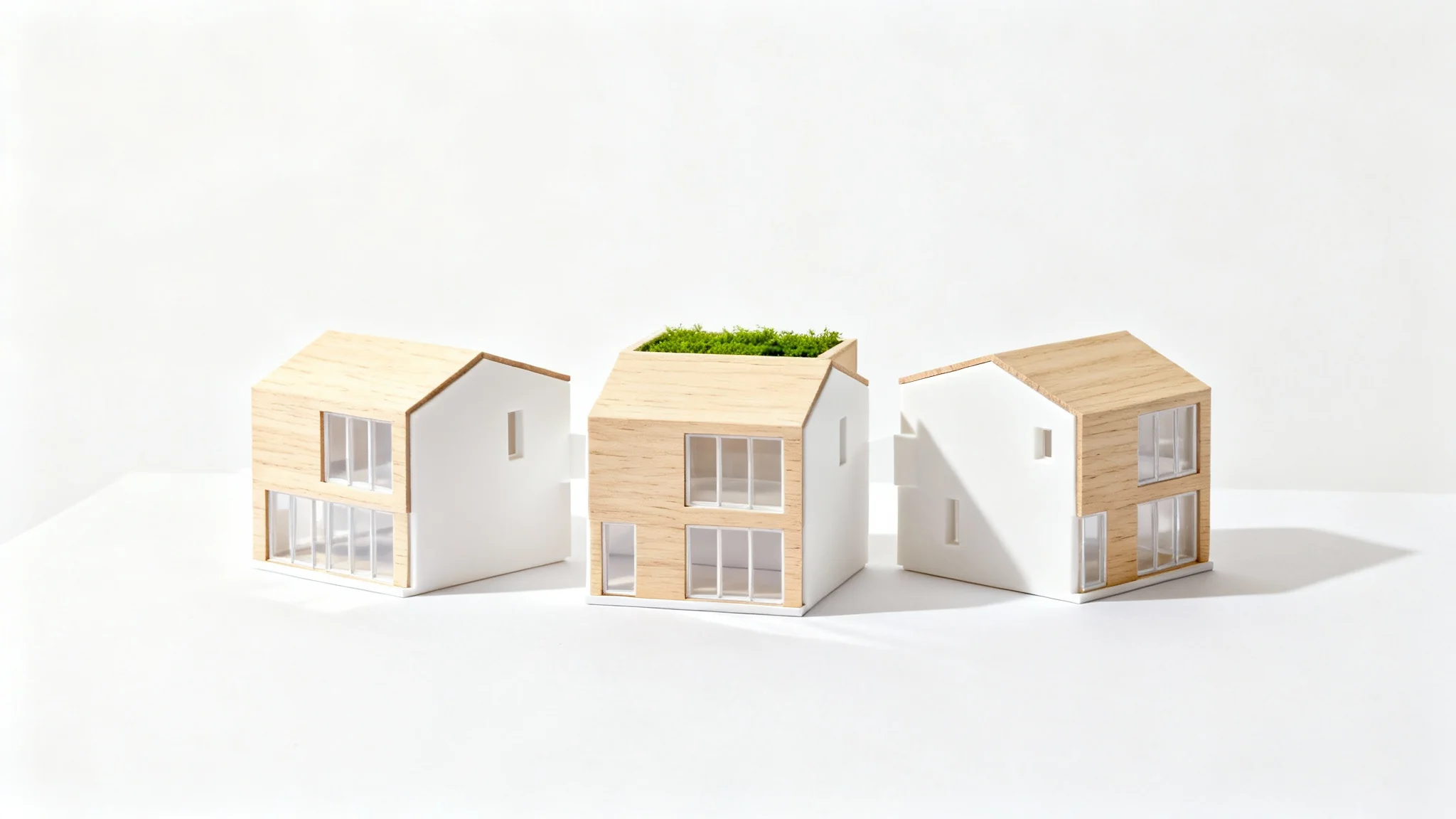A photorealistic architectural model of a modern, sustainable building with a green roof, presented on a white surface against a stark white background.