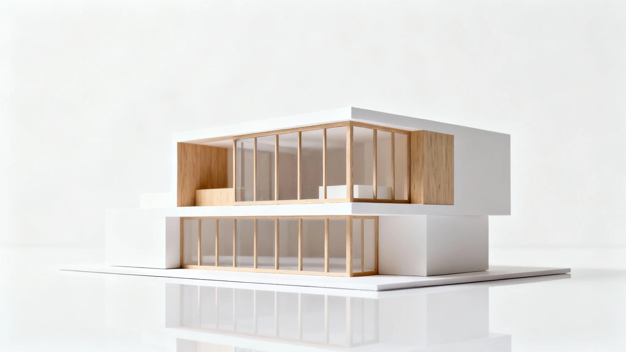 A detailed architectural model of a modern, minimalist building made of light wood and white plastic, set against a clean white background in a studio shot.