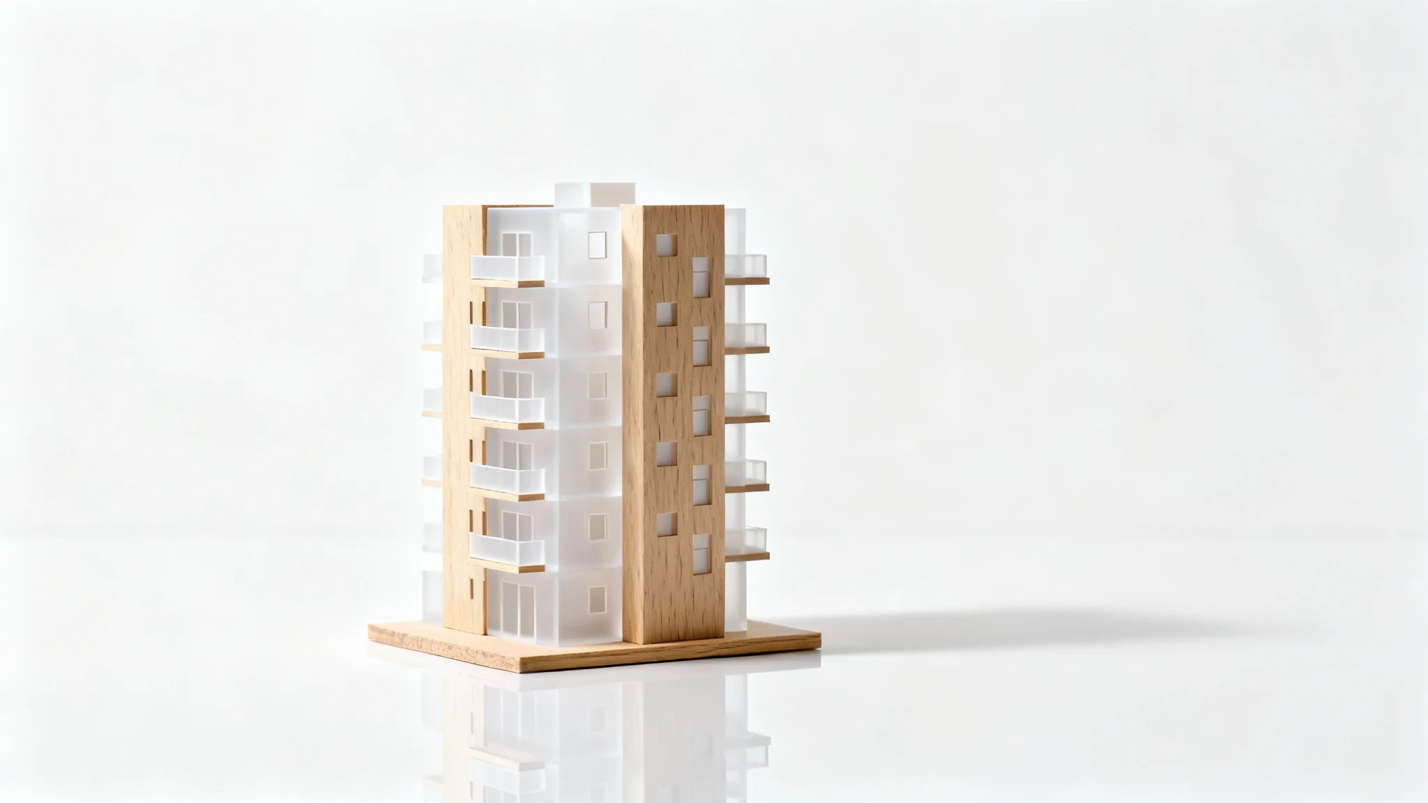 An architectural model of a modern high-rise building, made of wood and white acrylic, sitting on a white surface against a white background.