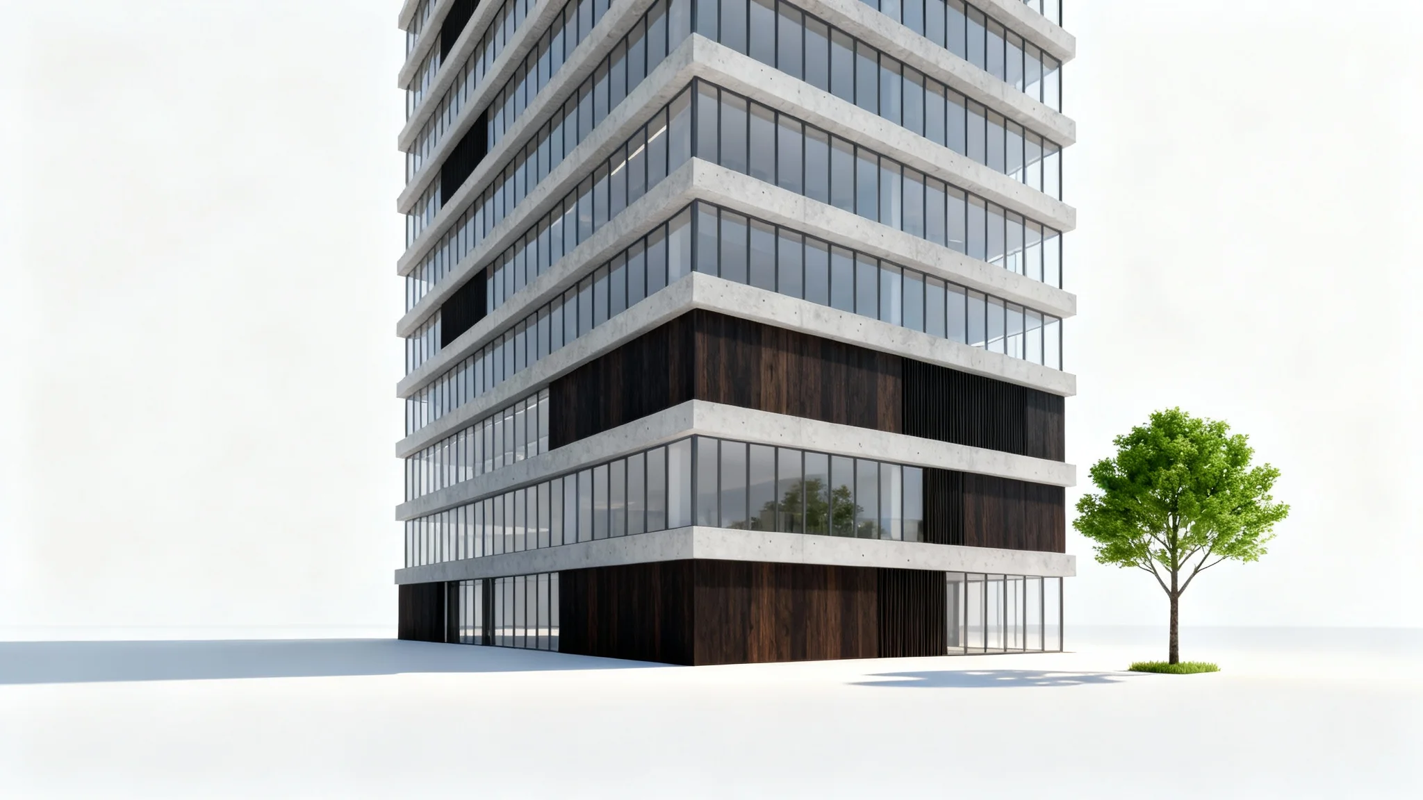 A detailed architectural model of a modern commercial building with glass and wood features, sitting on a plain white surface.