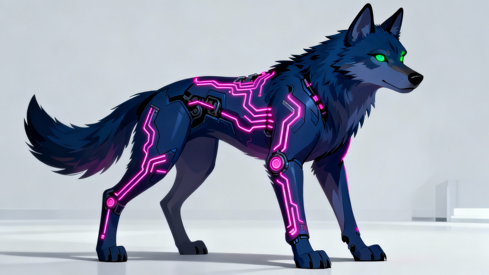 A full-body digital concept art illustration of a futuristic anthropomorphic wolf fursona. The wolf has dark indigo fur, glowing magenta cybernetic lines, and bright green eyes, standing in a confident pose against a plain light-grey background.