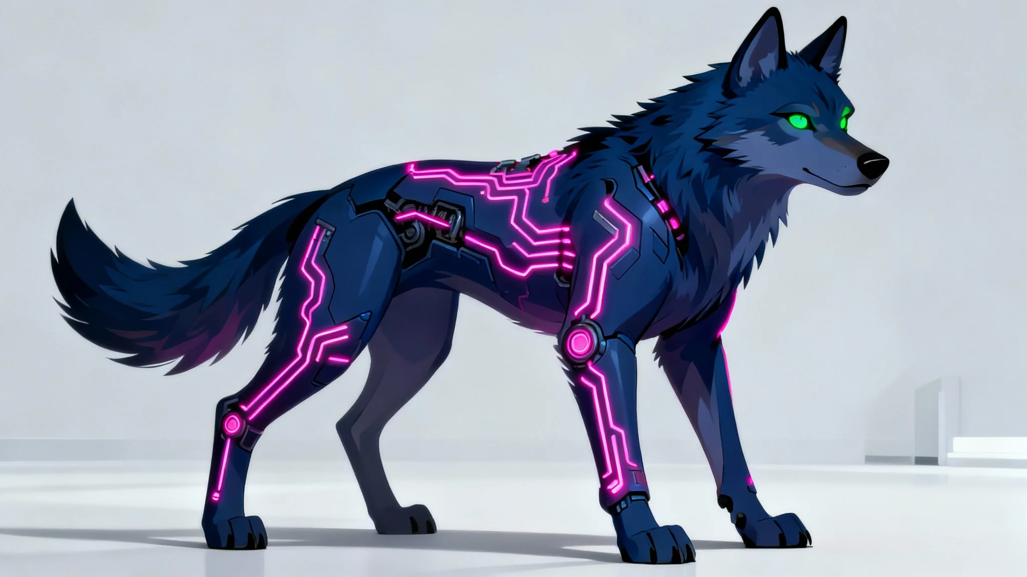 A full-body digital concept art illustration of a futuristic anthropomorphic wolf fursona. The wolf has dark indigo fur, glowing magenta cybernetic lines, and bright green eyes, standing in a confident pose against a plain light-grey background.