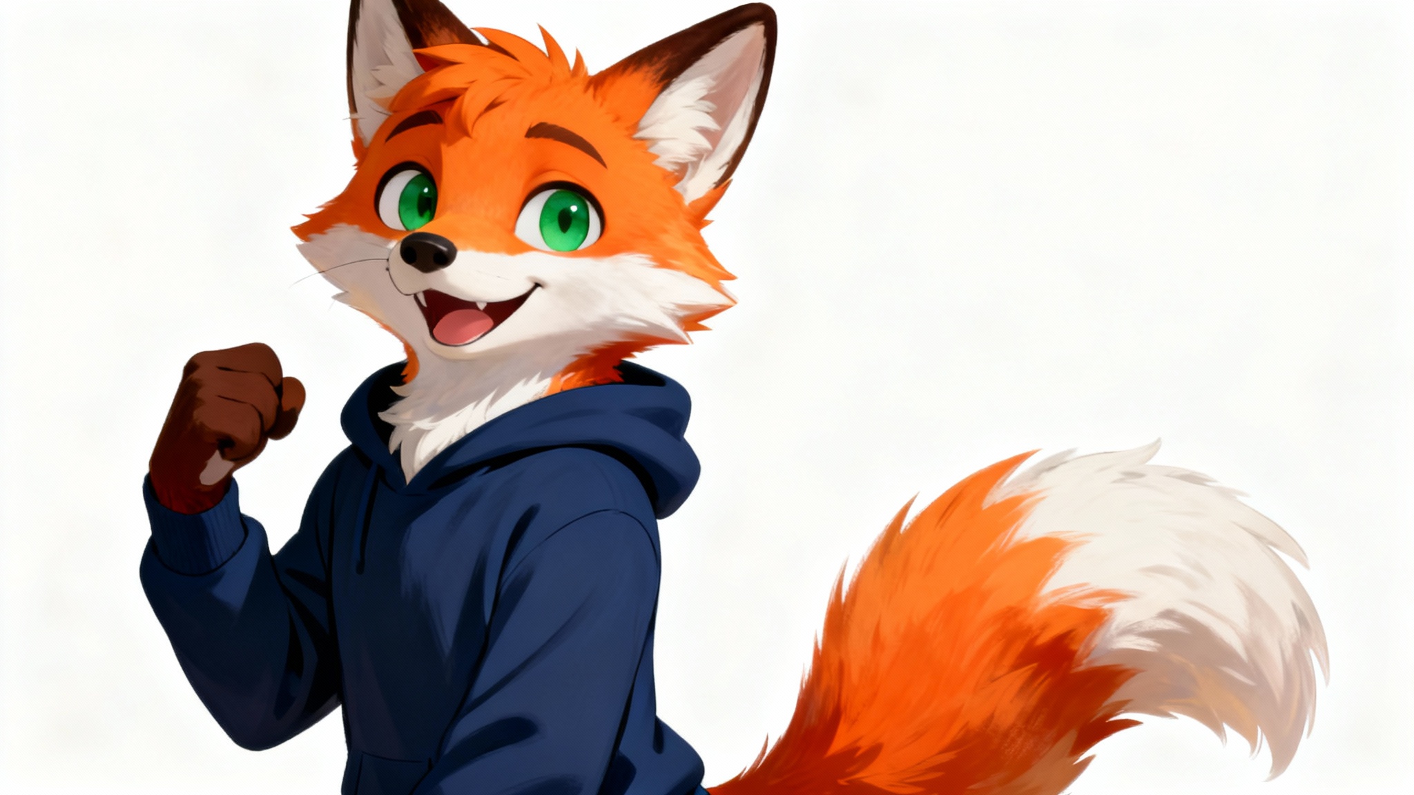 A high-quality digital painting of a friendly, full-body anthropomorphic fox character with orange and white fur, wearing a blue hoodie against a plain white background.