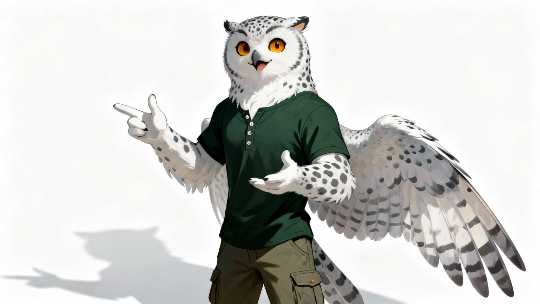 A full-body digital illustration of a friendly anthropomorphic snow leopard-owl hybrid character, wearing a green shirt and posing against a plain white background.