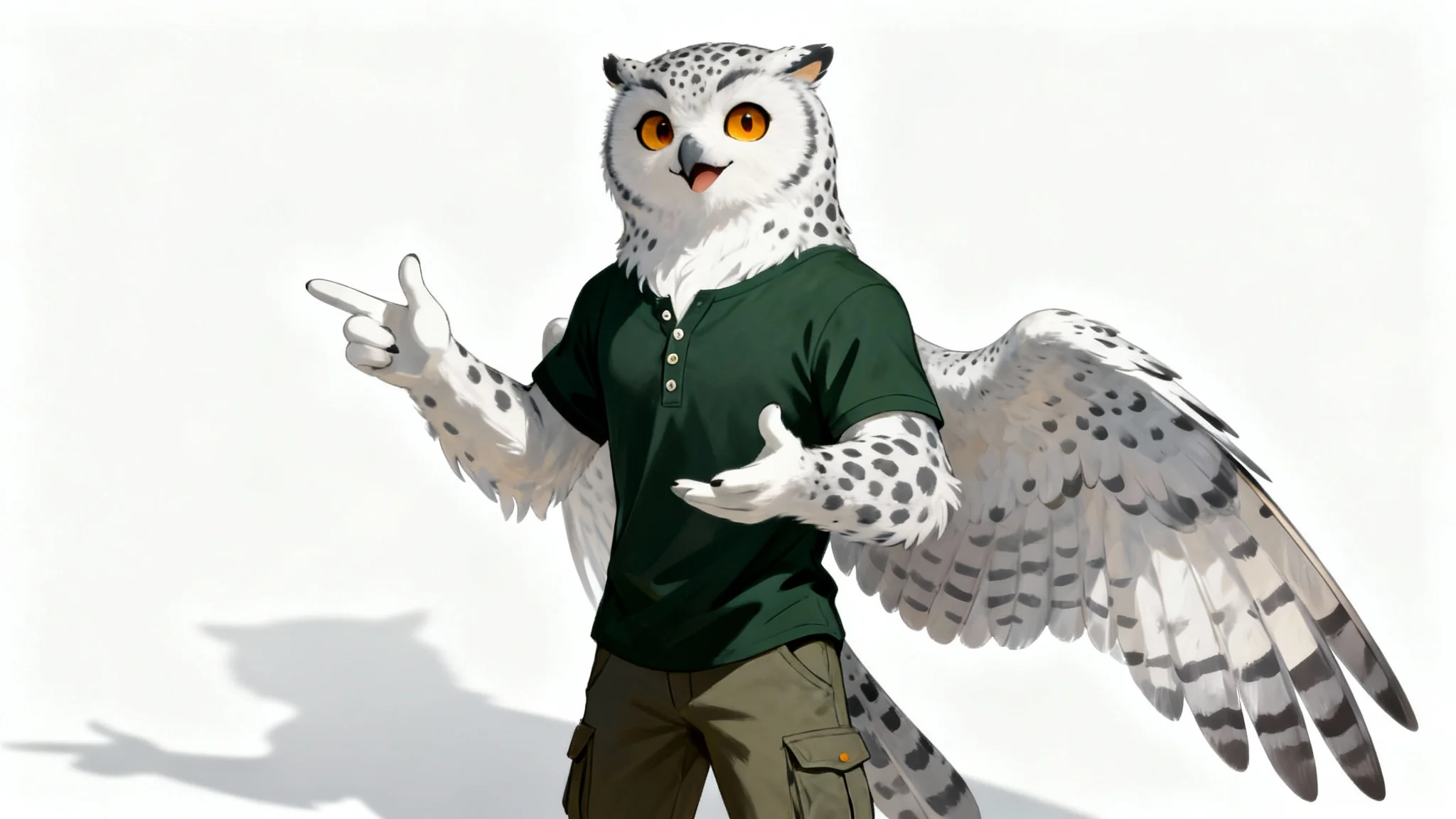 A full-body digital illustration of a friendly anthropomorphic snow leopard-owl hybrid character, wearing a green shirt and posing against a plain white background.
