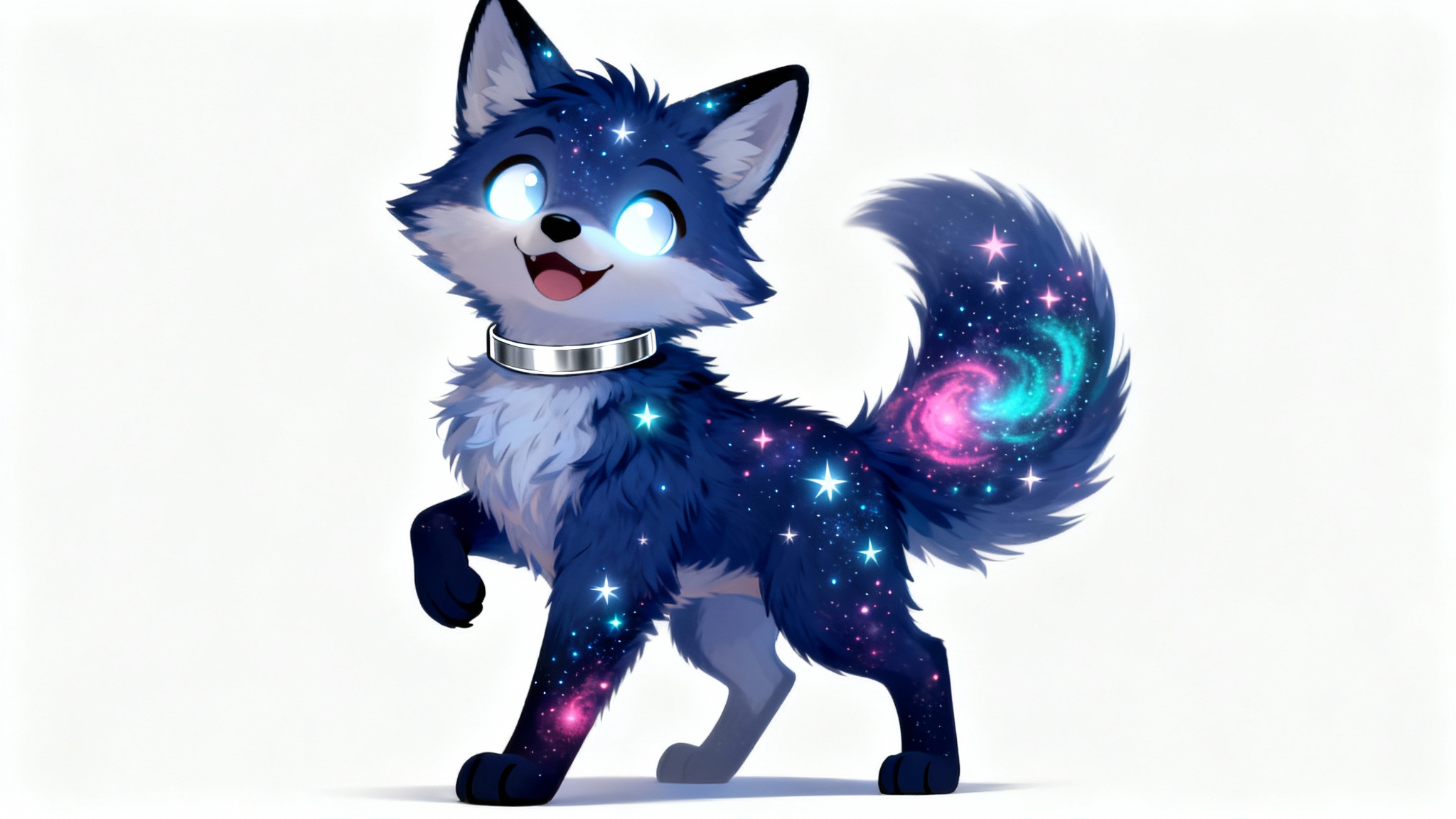 A full-body digital illustration of an anthropomorphic arctic fox fursona against a white background. The fox has deep indigo fur with glowing star-like patterns and is wearing a simple silver collar.