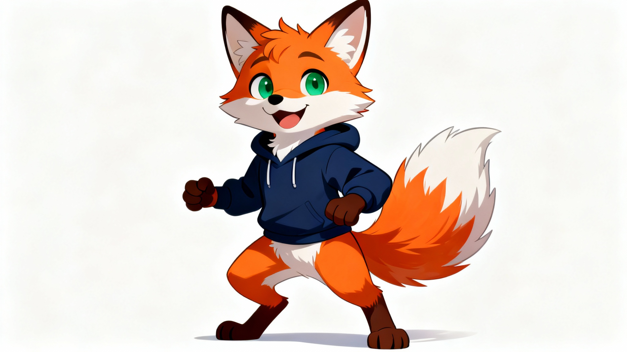 A digital illustration of a friendly anthropomorphic red fox fursona with green eyes, wearing a blue hoodie and smiling, shown in a full-body view against a plain white background.