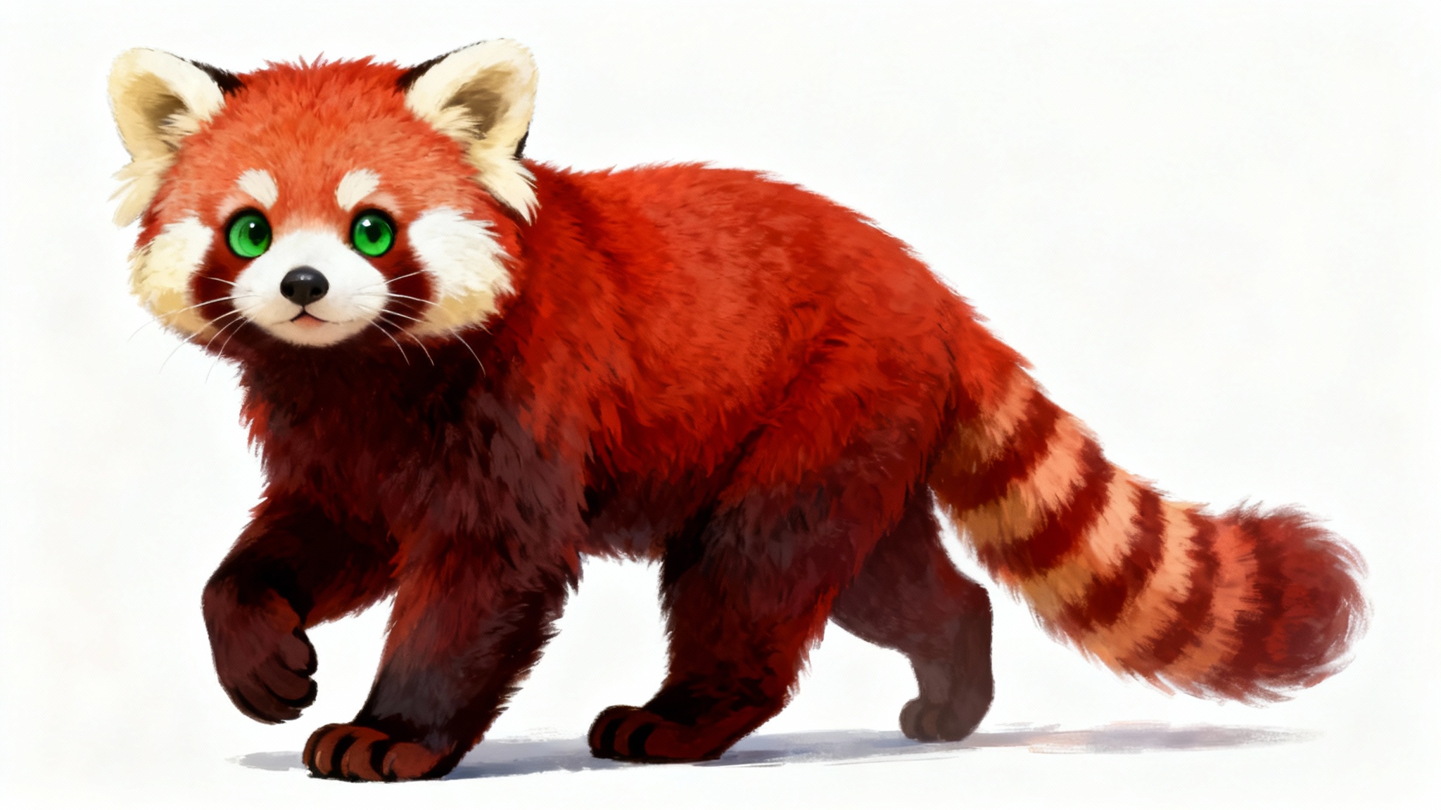 A high-quality digital illustration of a friendly anthropomorphic red panda fursona with vibrant fur and green eyes, set against a clean white background.