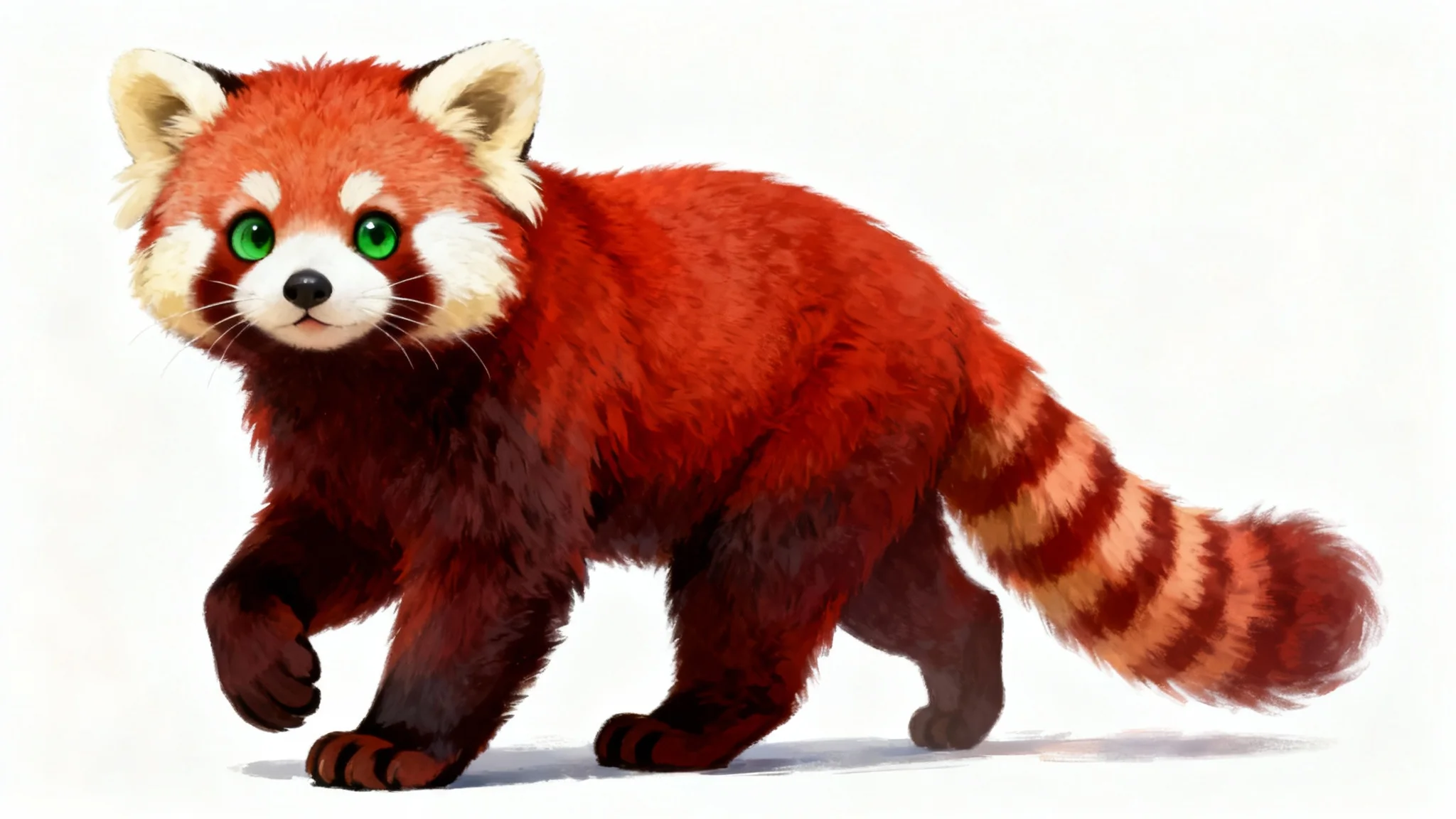 A high-quality digital illustration of a friendly anthropomorphic red panda fursona with vibrant fur and green eyes, set against a clean white background.
