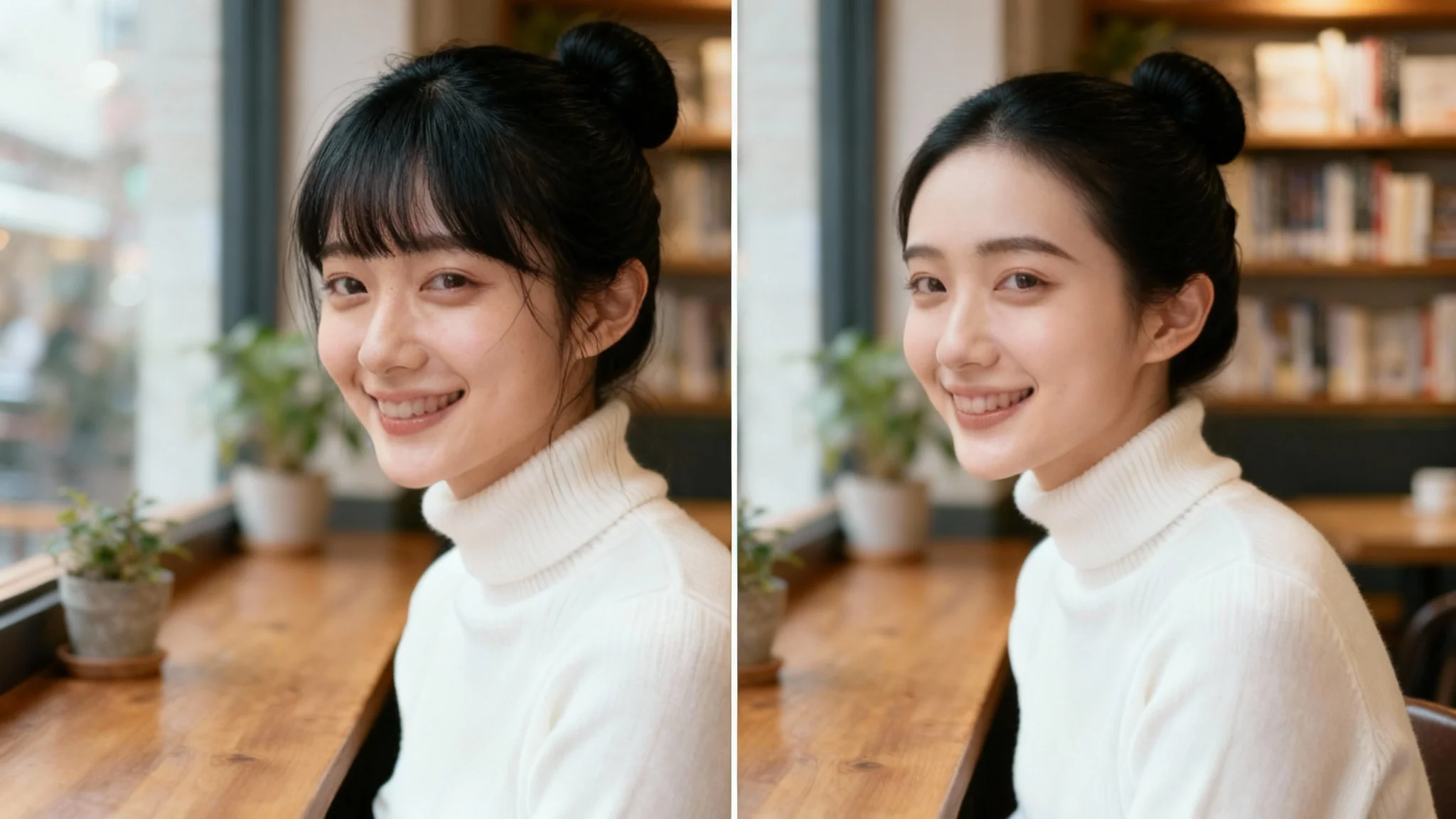 A side-by-side comparison image showing the result of a facial hair removal tool. On the left, a woman's portrait shows small, stray hairs on her face. On the right, the same portrait is perfectly clean, with all stray hairs removed for a smooth, polished look.