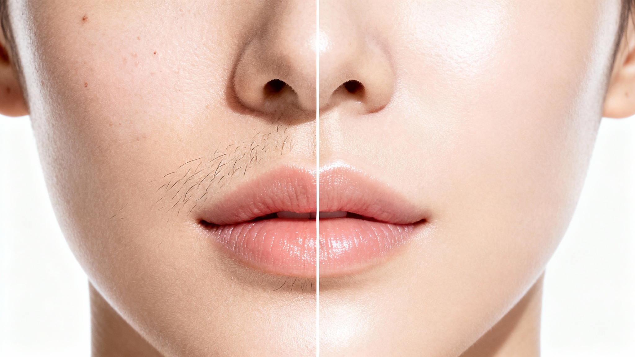 A before-and-after comparison image showing a close-up of a woman's face. The left half displays natural skin with fine facial hair, while the right half displays the same skin perfectly smooth and hairless.