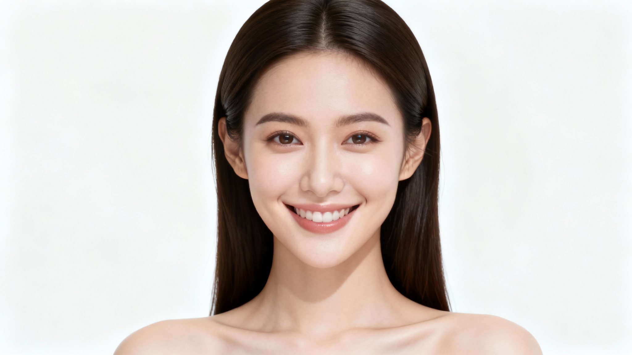 A professional studio portrait of a woman with perfectly neat hair and clear skin, demonstrating the effect of removing stray hairs from a face photo for a polished look.