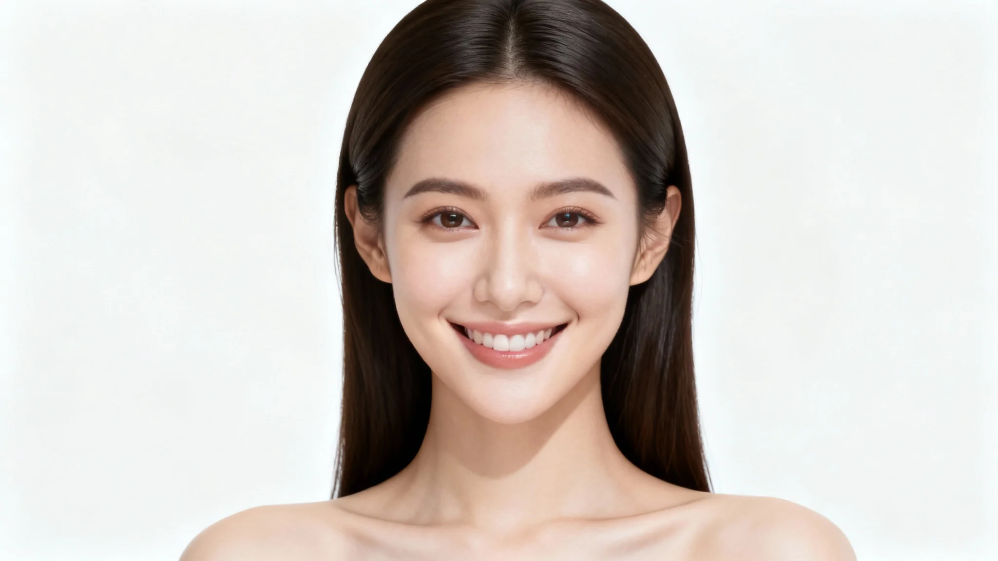 A professional studio portrait of a woman with perfectly neat hair and clear skin, demonstrating the effect of removing stray hairs from a face photo for a polished look.