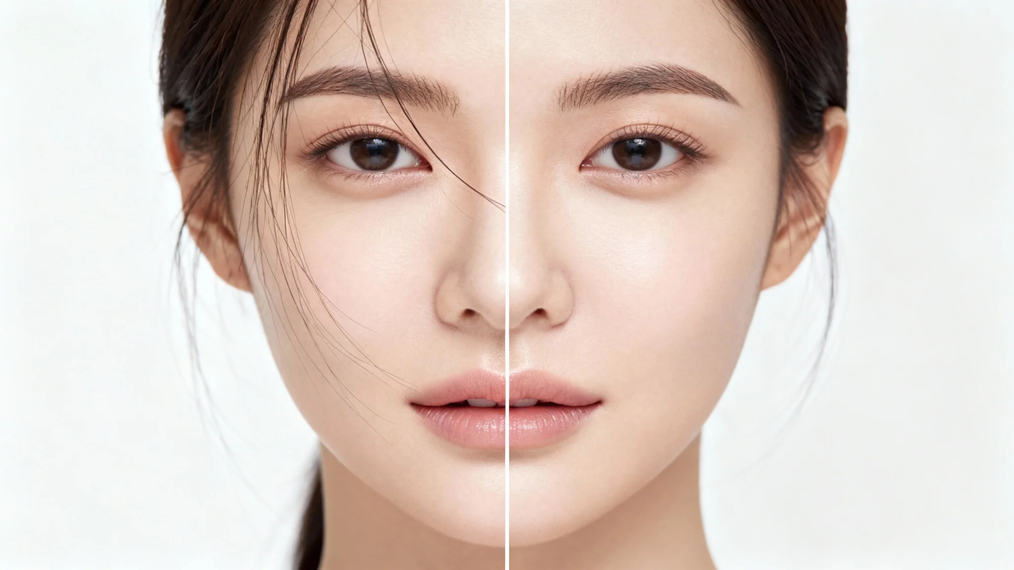 A side-by-side comparison image demonstrating a hair removal feature. The left side shows a woman's portrait with stray hairs on her face, and the right side shows the same portrait perfectly retouched with the hairs removed.