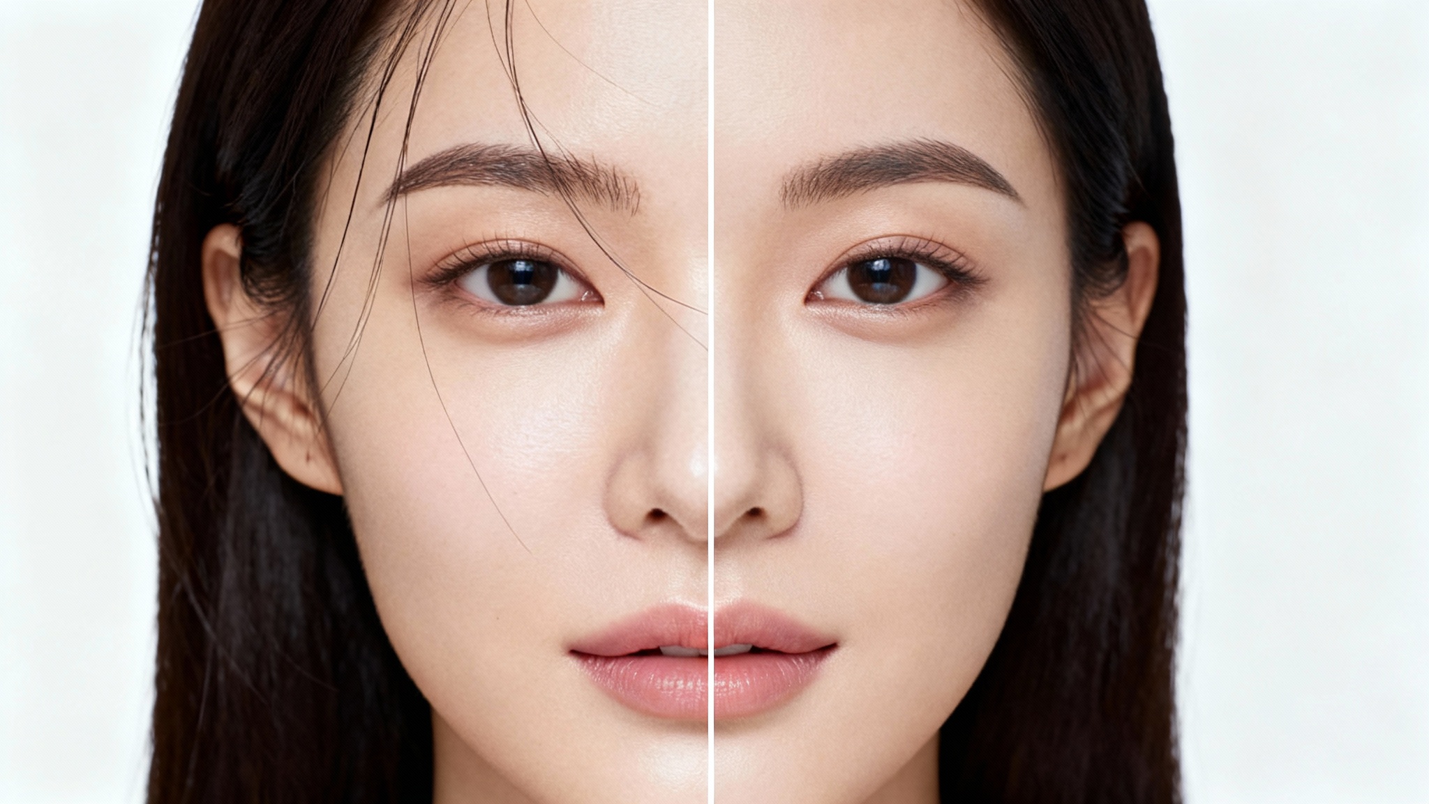A before-and-after comparison portrait showing a woman's face with stray hairs on the left side and a perfectly clean, retouched face with no stray hairs on the right.