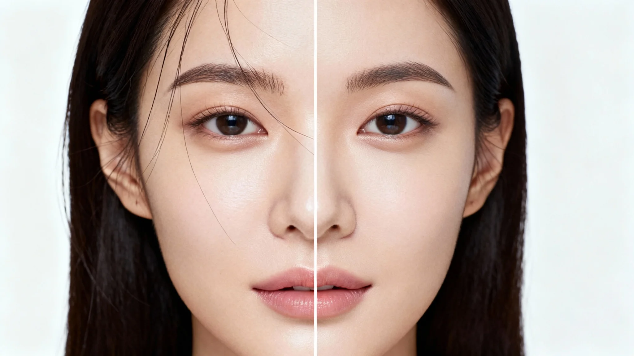 A before-and-after comparison portrait showing a woman's face with stray hairs on the left side and a perfectly clean, retouched face with no stray hairs on the right.