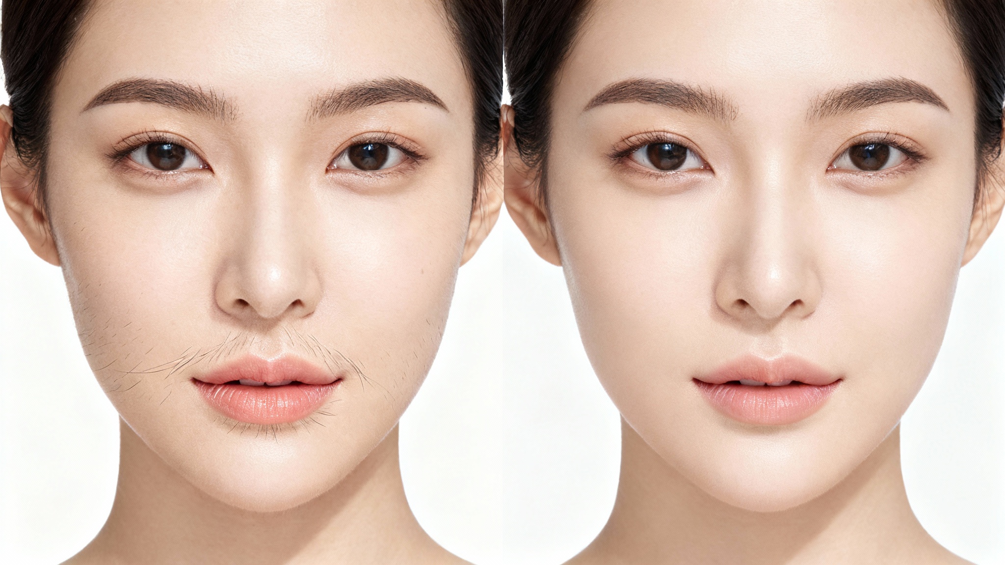 A before-and-after image showing a close-up of a woman's face. The 'before' side shows natural, fine facial hair, and the 'after' side shows the same face with perfectly smooth, hair-free skin.