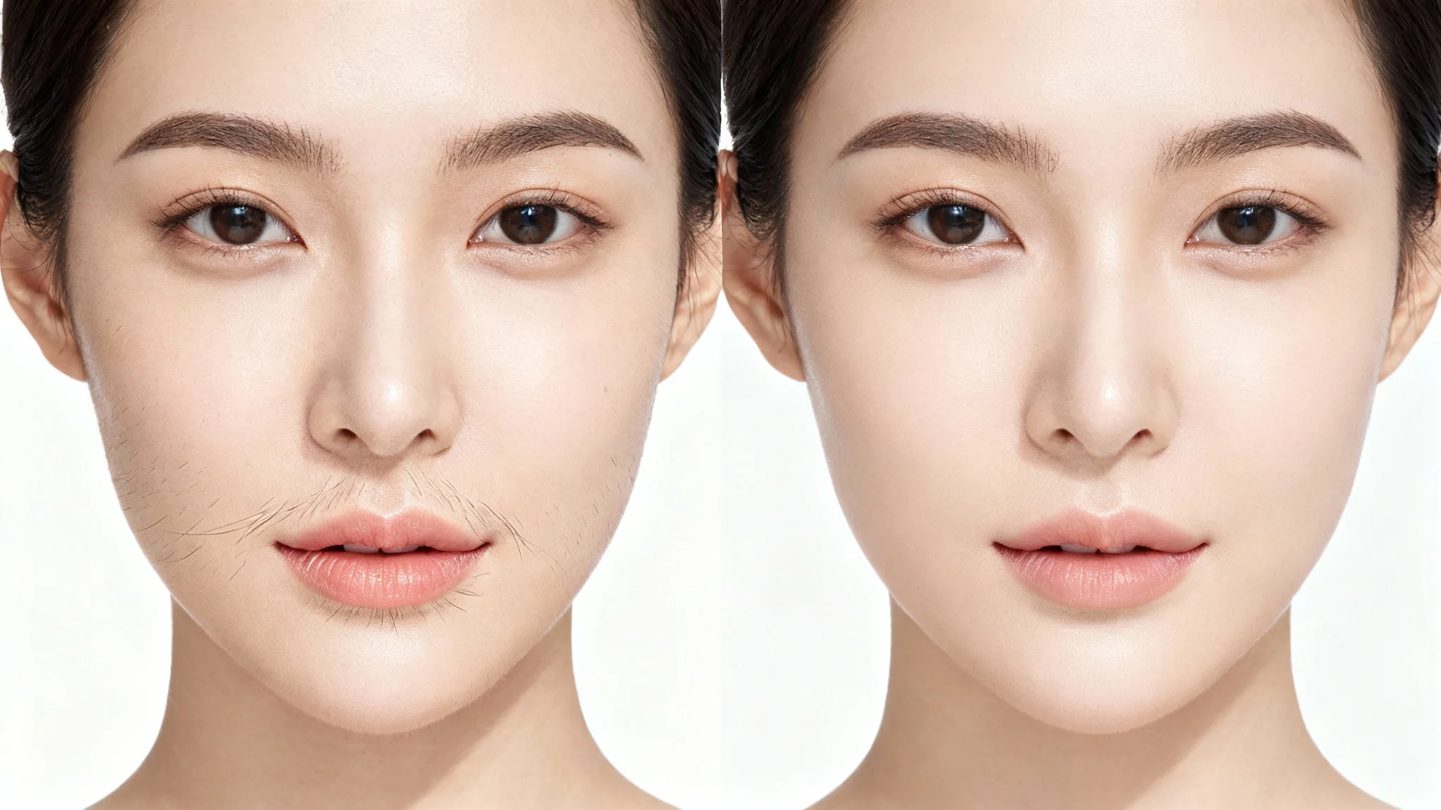 A before-and-after image showing a close-up of a woman's face. The 'before' side shows natural, fine facial hair, and the 'after' side shows the same face with perfectly smooth, hair-free skin.
