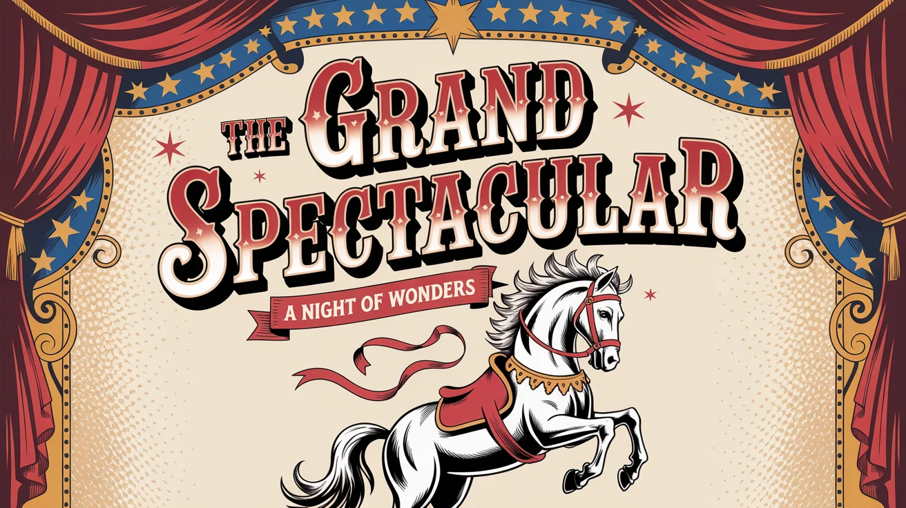 A professionally designed vintage circus poster with the headline 'THE GRAND SPECTACULAR' in a large, decorative red and gold circus font. The design includes stars and swirls on a cream background, representing a finished design template.