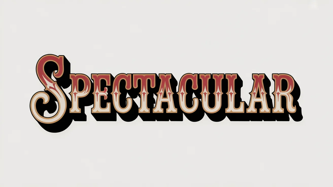 The word 'SPECTACULAR' written in a bold, decorative vintage circus font. The font is multi-colored with red, gold, and blue, and has a 3D effect, set against a plain white background.