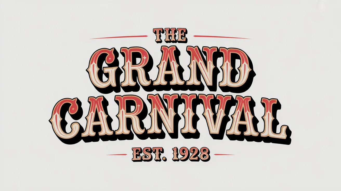 A typography mockup of a vintage circus font on a white background. The text 'THE GRAND CARNIVAL' is written in a bold, 3D red-and-white striped font, with 'EST. 1928' written below it.
