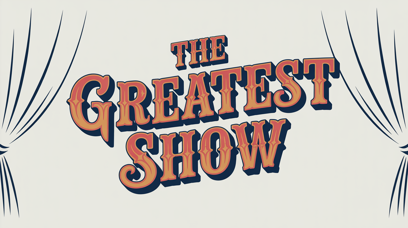 A typographic mockup displaying the words 'THE GREATEST SHOW' in a colorful, 3D vintage circus font against a plain white background, highlighting the font's decorative style.