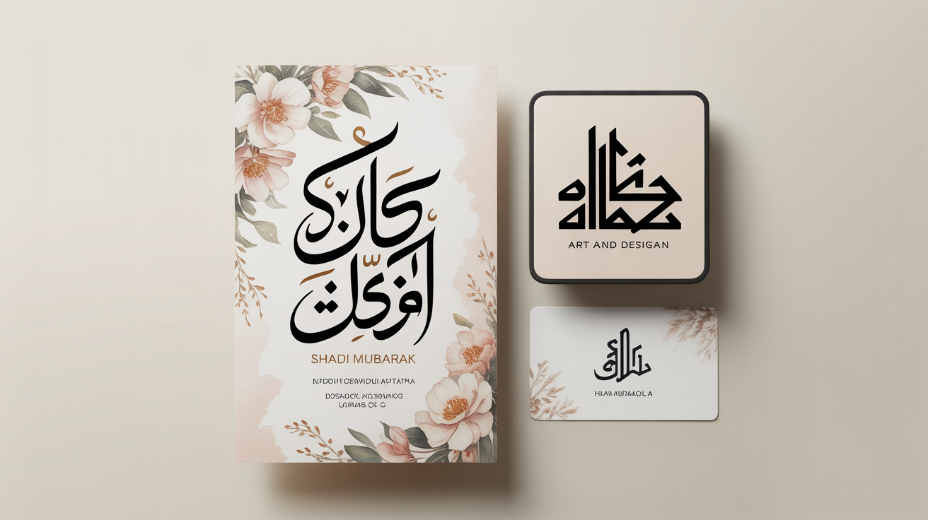 A professional showcase of digital Urdu calligraphy designs on a clean background. A central wedding invitation features gold calligraphy, flanked by a modern social media post and a business card with calligraphic elements, demonstrating various final outputs.