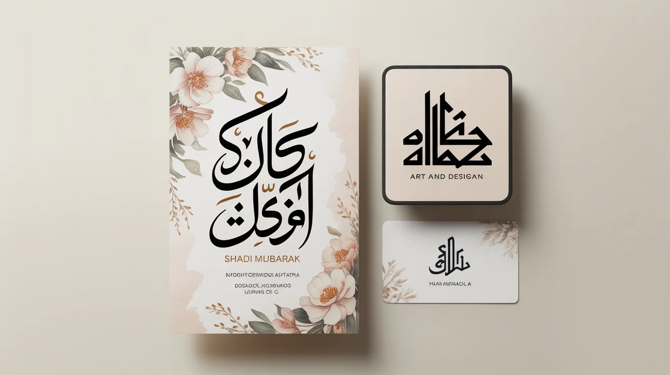 A professional showcase of digital Urdu calligraphy designs on a clean background. A central wedding invitation features gold calligraphy, flanked by a modern social media post and a business card with calligraphic elements, demonstrating various final outputs.
