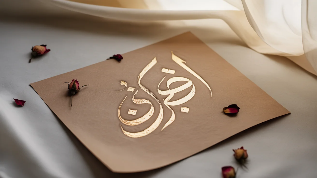 An elegant flat lay of Urdu calligraphy, showing the word 'Sukoon' (Peace) written in gold ink on textured paper, placed on a clean white background.