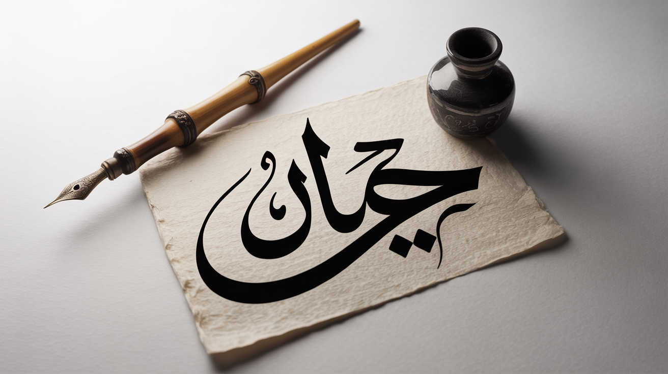 An overhead view of elegant Urdu calligraphy featuring the word 'Ishq' (Love) in black ink on textured paper. A traditional qalam pen and inkwell are placed beside it on a plain white background.