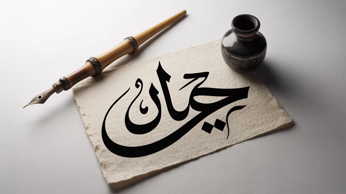 An overhead view of elegant Urdu calligraphy featuring the word 'Ishq' (Love) in black ink on textured paper. A traditional qalam pen and inkwell are placed beside it on a plain white background.