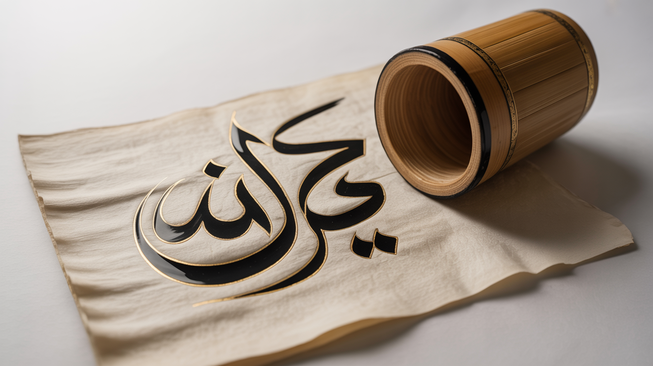 An elegant, close-up mockup of Urdu calligraphy. The word 'Peace' is written in beautiful black and gold script on textured paper, with a traditional calligraphy pen resting beside it on a clean white background.