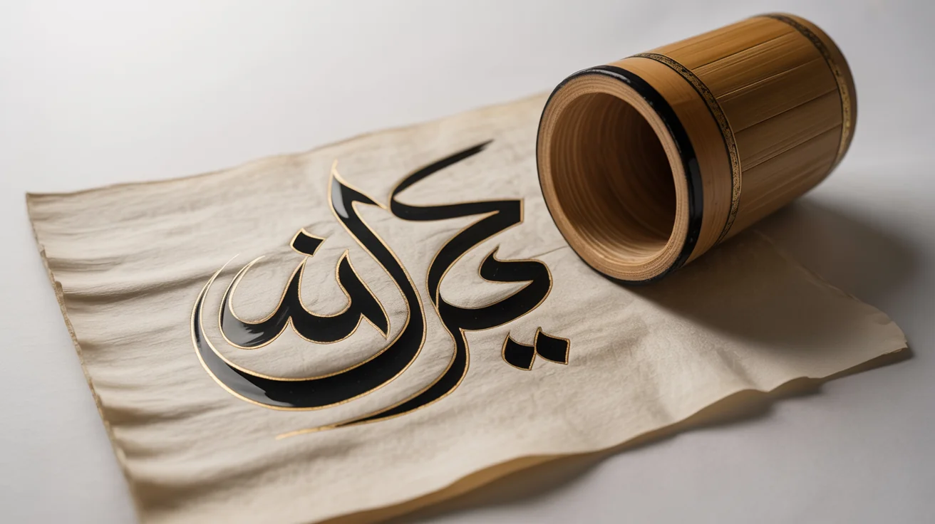 An elegant, close-up mockup of Urdu calligraphy. The word 'Peace' is written in beautiful black and gold script on textured paper, with a traditional calligraphy pen resting beside it on a clean white background.