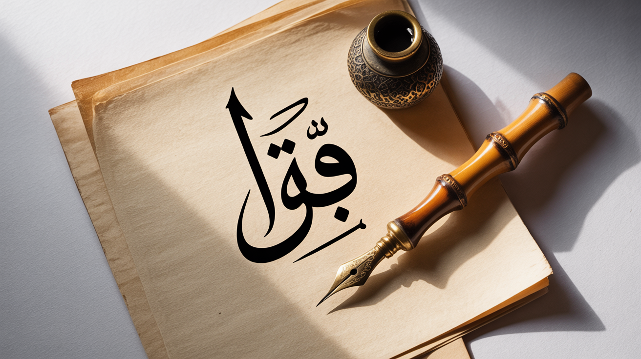An elegant flat lay of Urdu calligraphy, featuring the word 'Fun' (Art) in black ink on cream paper, accompanied by a traditional pen and inkwell on a white background.