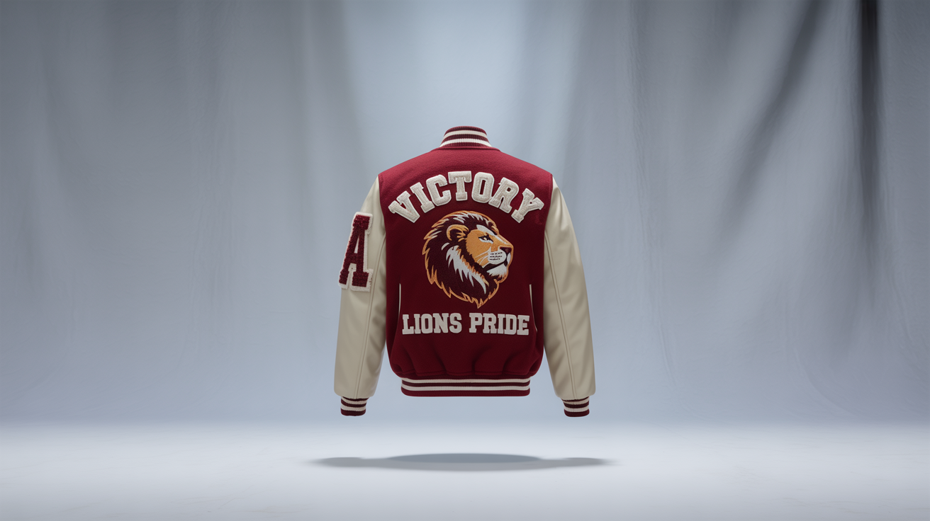 A professionally photographed custom varsity jacket with a crimson body and cream leather sleeves, featuring a large 'A' patch and 'Lions Pride' embroidery on the front.