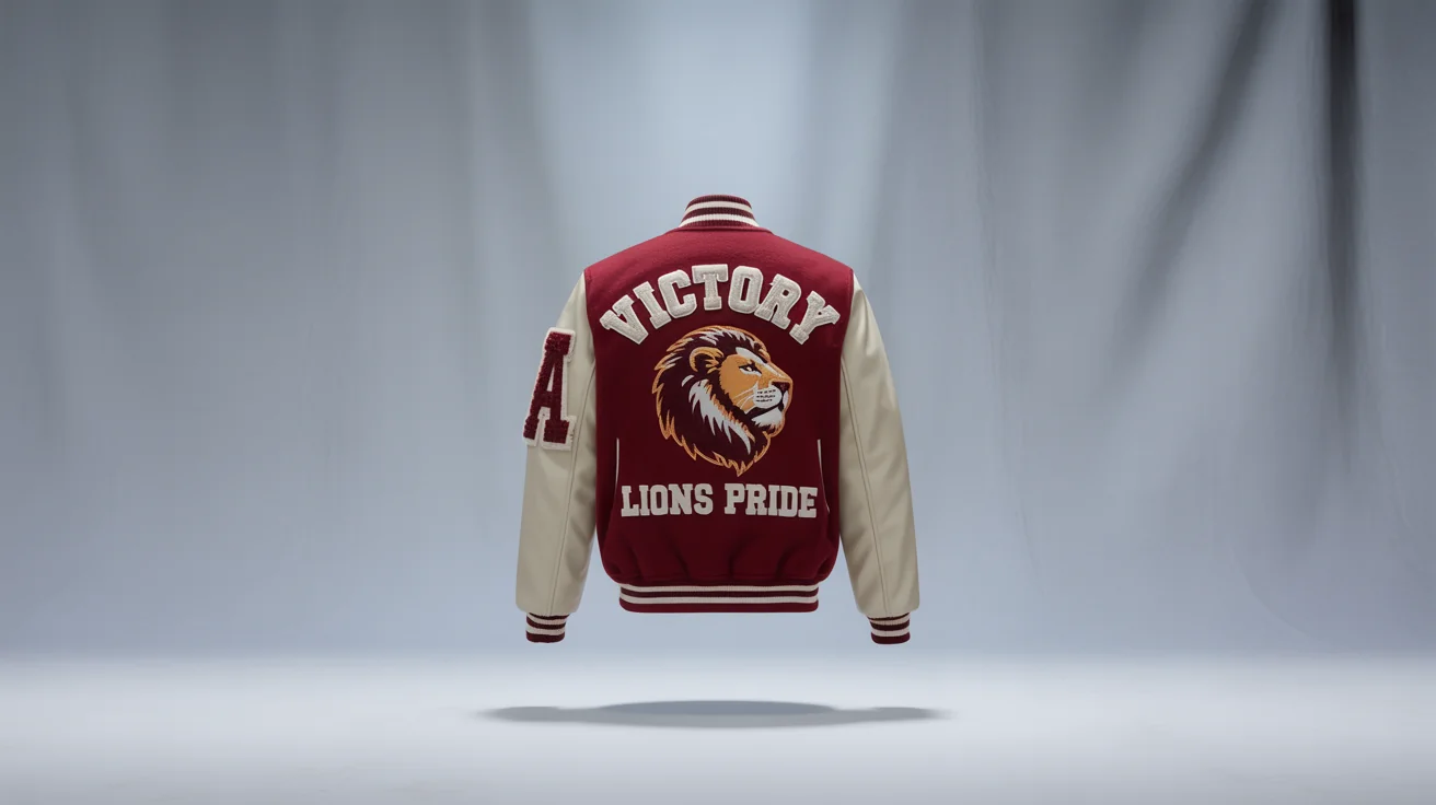 A professionally photographed custom varsity jacket with a crimson body and cream leather sleeves, featuring a large 'A' patch and 'Lions Pride' embroidery on the front.