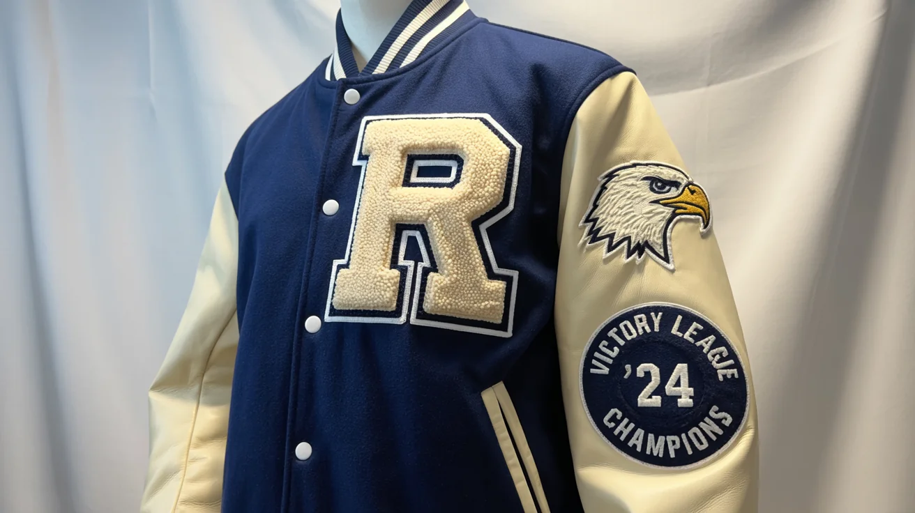 A high-quality varsity jacket mockup with a navy blue wool body, cream leather sleeves, and patches including the letter 'R' and the text 'Victory League Champions '24', displayed on a white background.